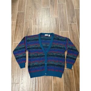 Vintage City Streets Mens Large Teal Abstract Geometric Knit Button Cardigan